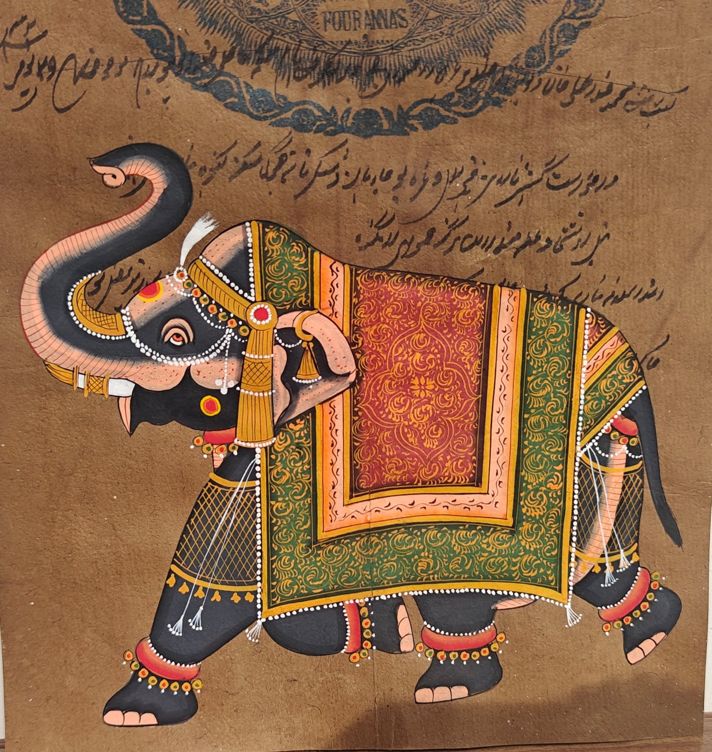 Vintage Indian Stamp Paper Art | Royal Elephant Motif | Antique Parchment | 8x12 inch