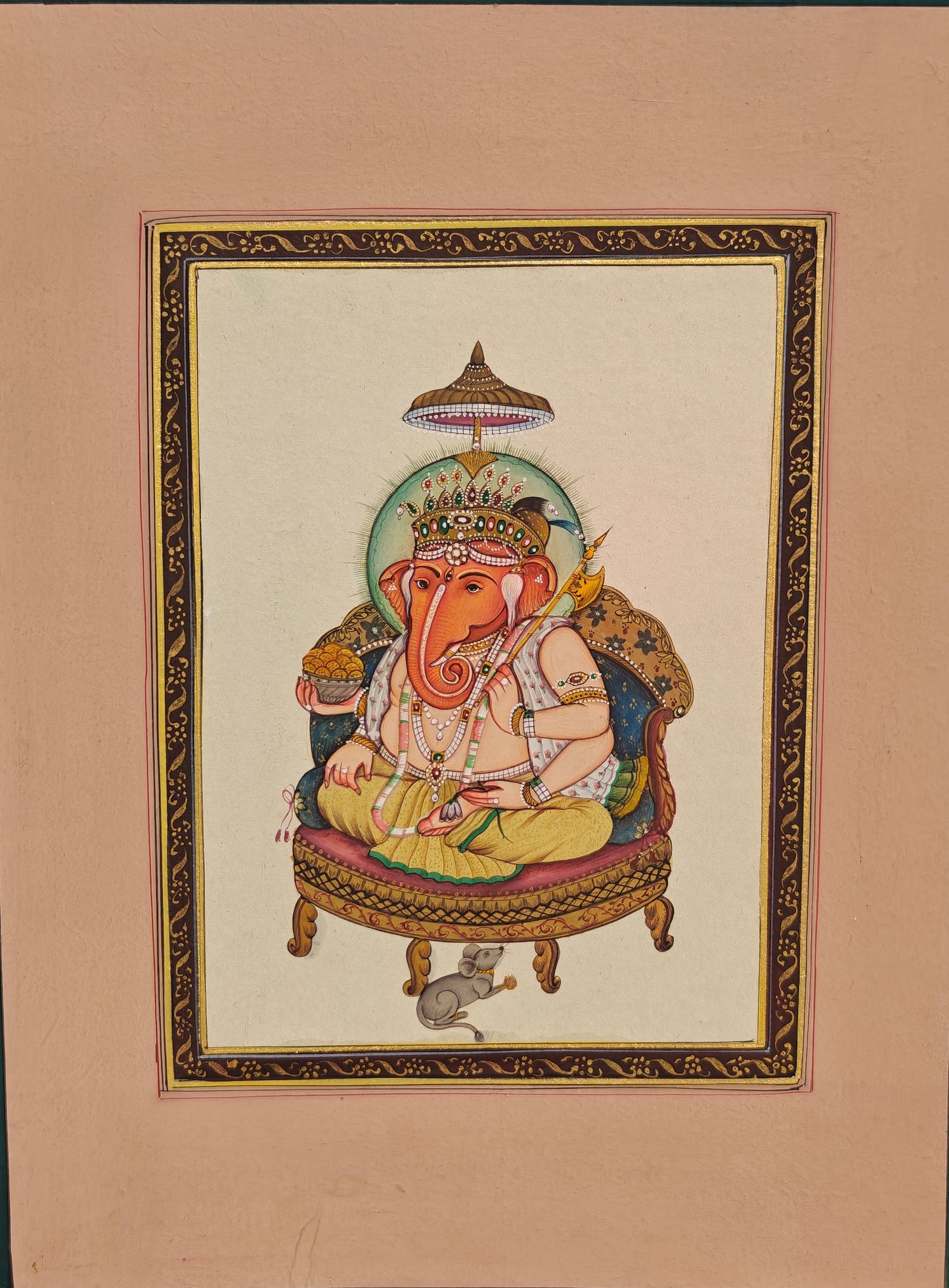 Hand-Painted Lord Ganesha Miniature Painting | Seated with Mouse & Ornaments | 8x10.5 inch