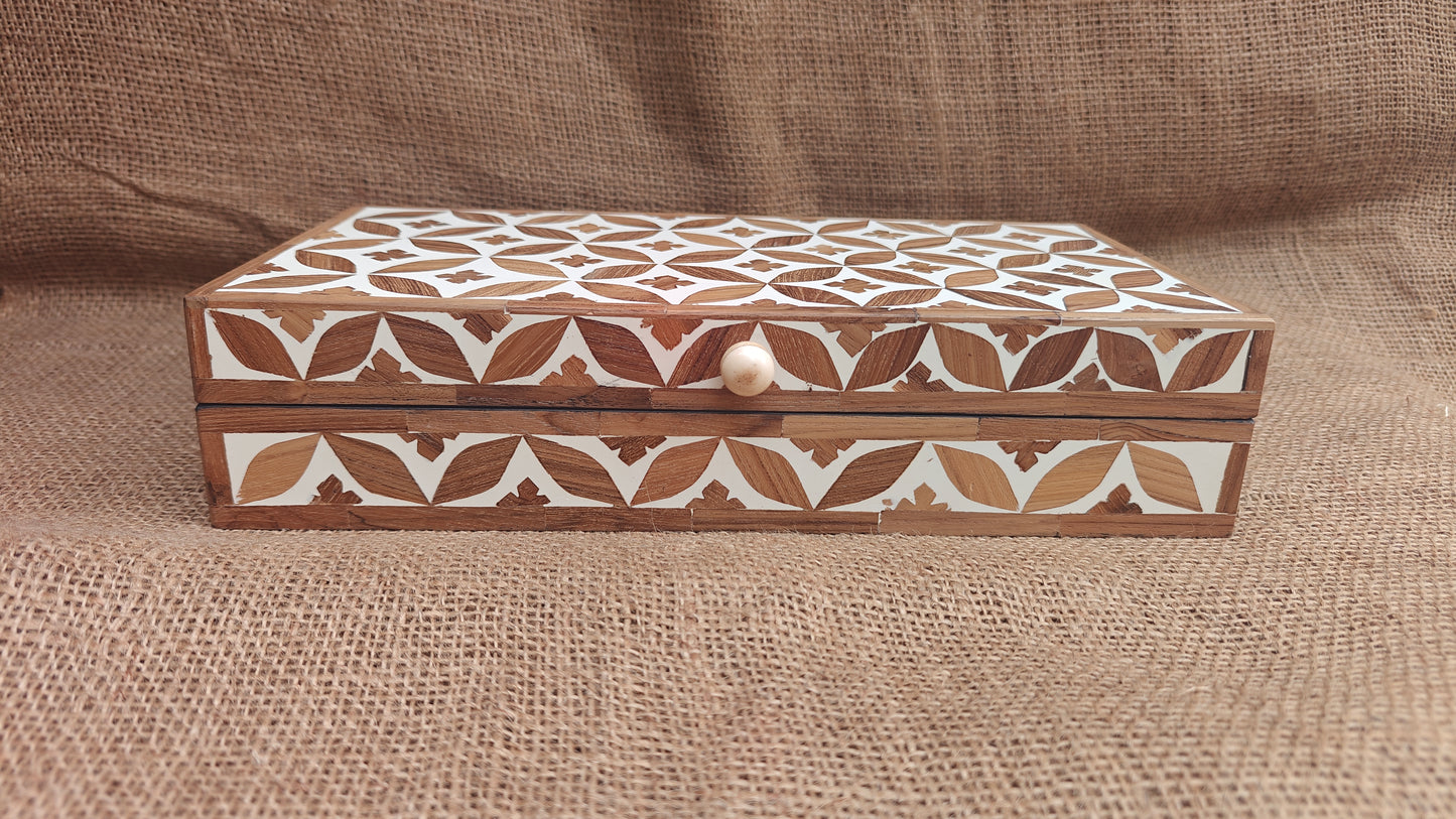 Teak Wood Inlay Geometric Box | White Resin | Handcrafted Decorative Box | 12x6 inch