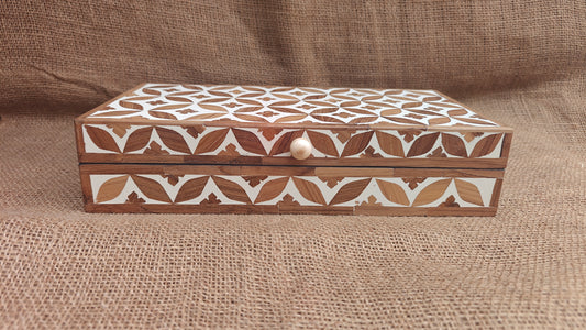 Teak Wood Inlay Geometric Box | White Resin | Handcrafted Decorative Box | 12x6 inch