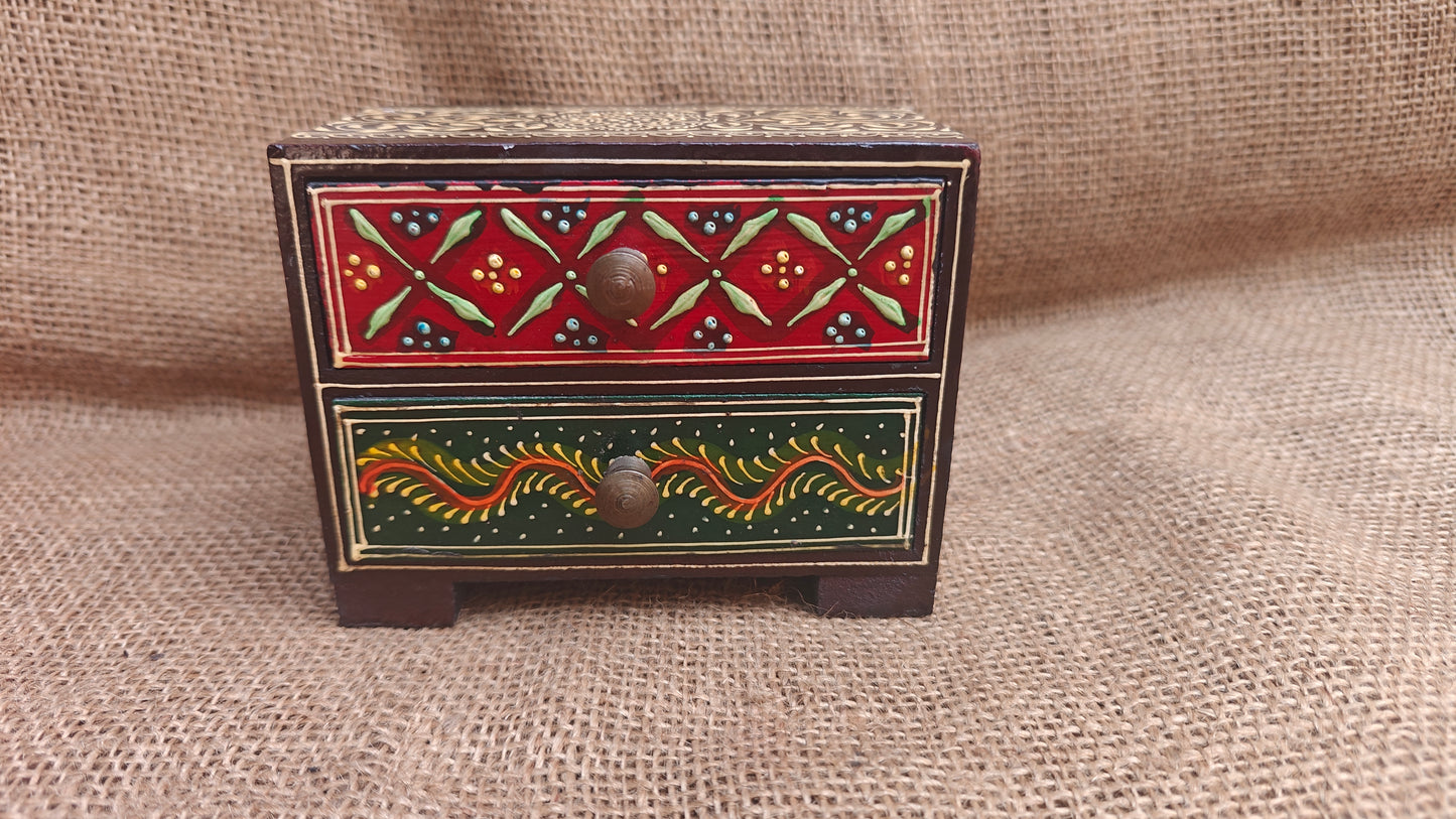 Handcrafted Painted Wood Chest with 2 Drawers | Brown Red Green | Decorative Storage | 5x3x4 inch