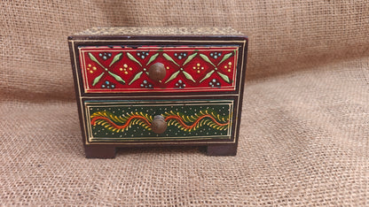 Handcrafted Painted Wood Chest with 2 Drawers | Brown Red Green | Decorative Storage | 5x3x4 inch