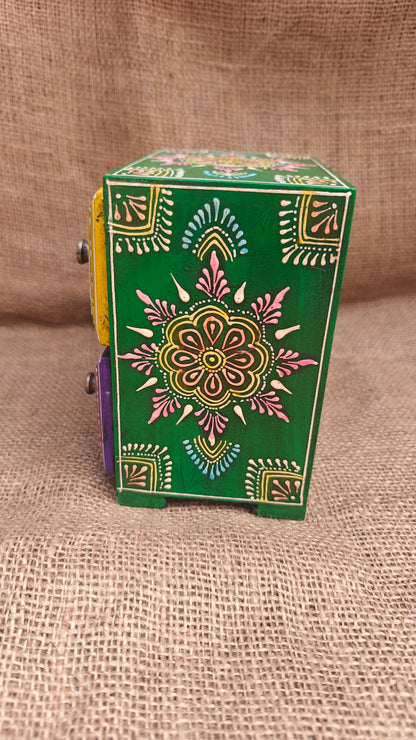 Handcrafted Painted Wood Chest with 4 Drawers | Red Yellow Green Purple | Decorative Storage