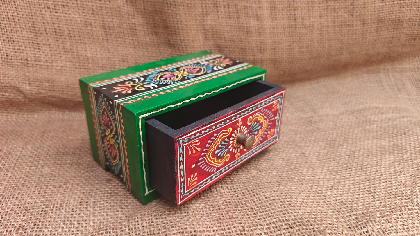 Handcrafted Painted Wood Chest with 1 Drawer | Red & Green | Decorative Storage