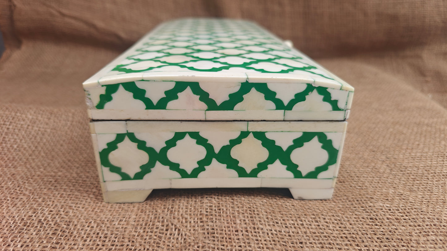 Bone Inlay Floral Box | Green Resin | Handcrafted Jewellery & Keepsake Box | 15x6 inch