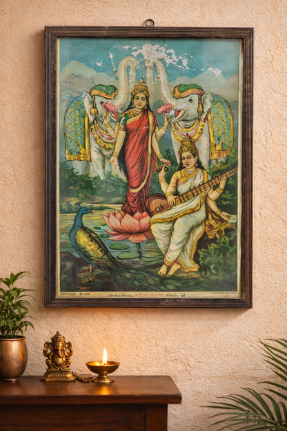 Vintage Oleograph | Goddess Saraswati & Lakshmi | Wisdom & Prosperity | Framed | 10x14 inch