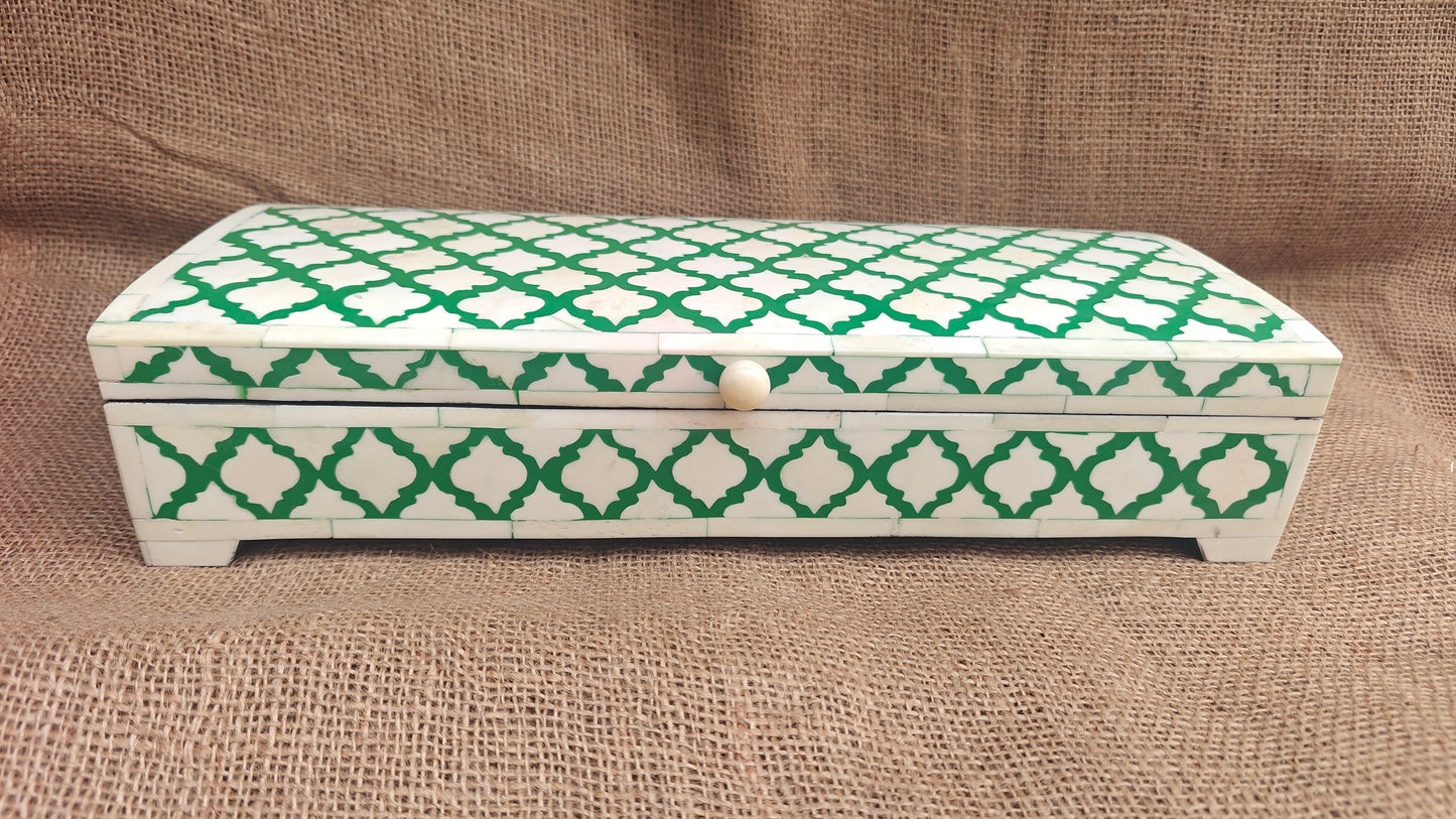 Bone Inlay Floral Box | Green Resin | Handcrafted Jewellery & Keepsake Box | 15x6 inch