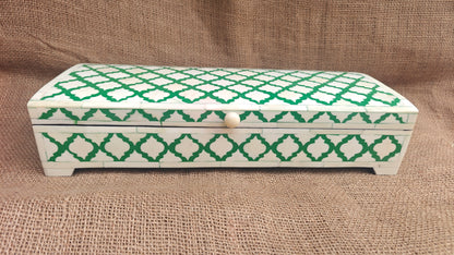 Bone Inlay Floral Box | Green Resin | Handcrafted Jewellery & Keepsake Box | 15x6 inch