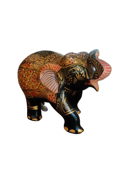 Hand-painted Rajasthani wooden elephant figurine with trunk up, 5x2.75x3 inch