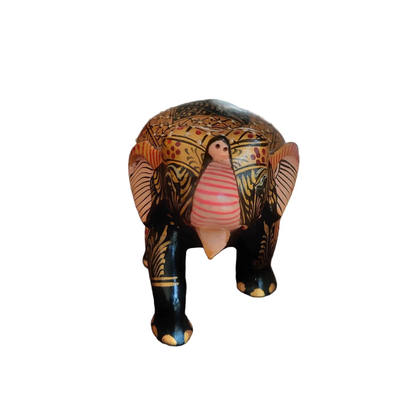 Front view of hand-painted Rajasthani wooden elephant figurine