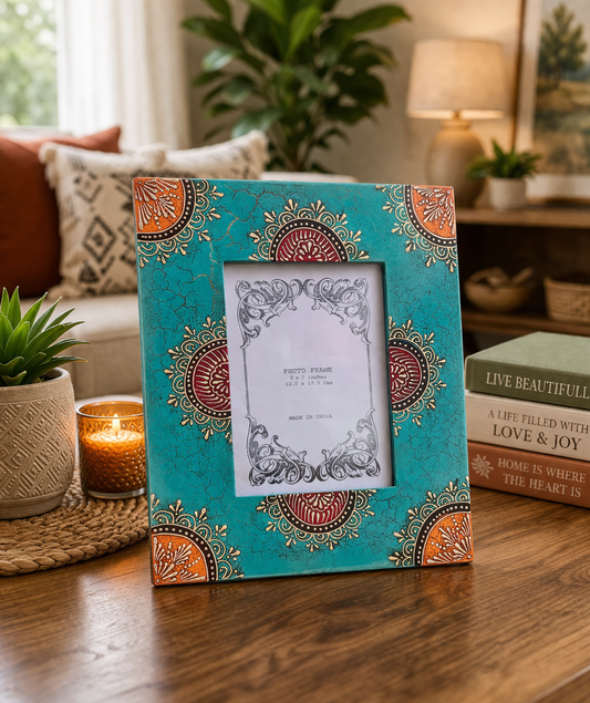 Handcrafted Indian Folk Art Photo Frame | Blue Multicolour | 5x7 inch