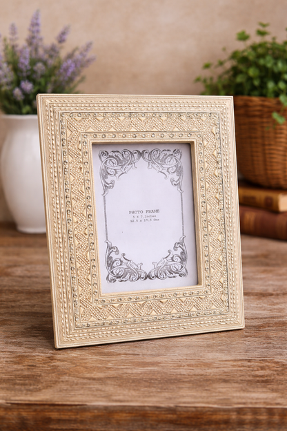 Handcrafted Indian Folk Art Photo Frame | White with Stone Embellishments | 5x7 inch
