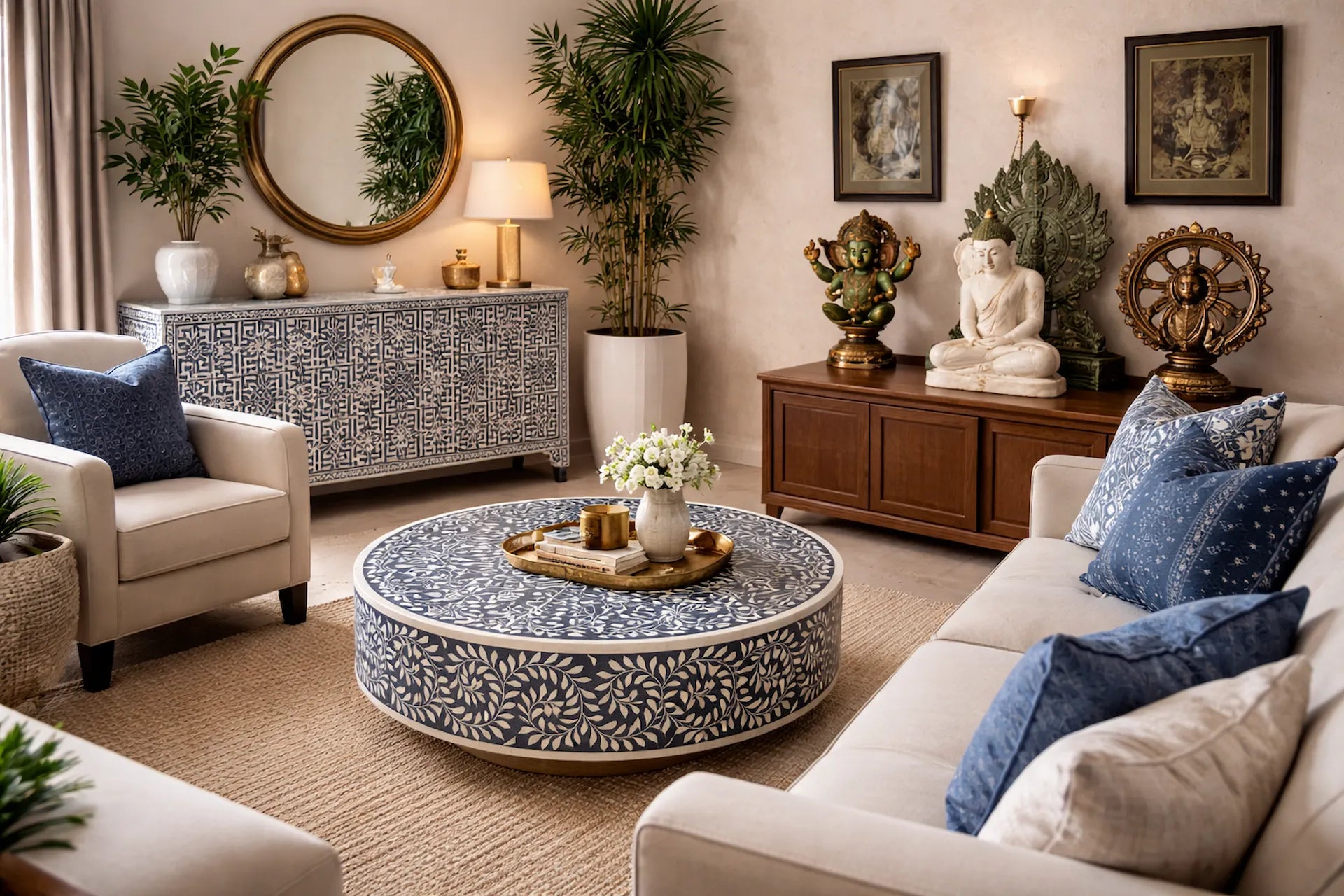 Handcrafted Indian art and home decor — bone inlay furniture, brass statues and paintings by Poonam Backliwal since 1965