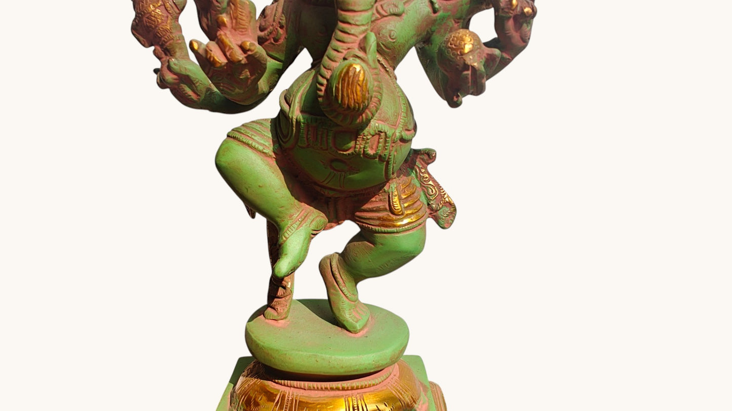 Handcrafted Brass Dancing Ganesha Statue | Chola Style Bronze Finish | 9 inch