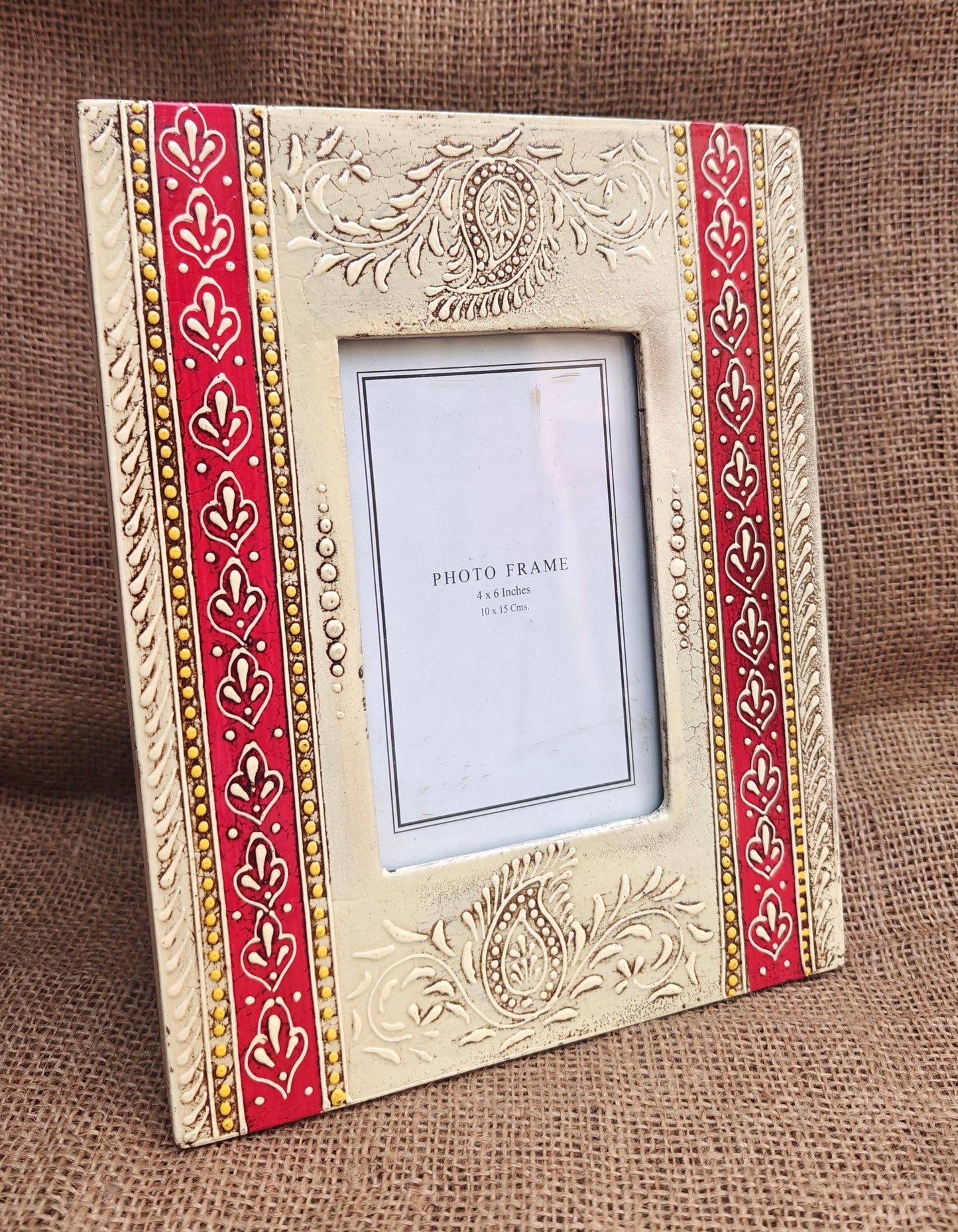 Handcrafted Indian Folk Art Photo Frame | Red & White Multicolour | 4x6 inch