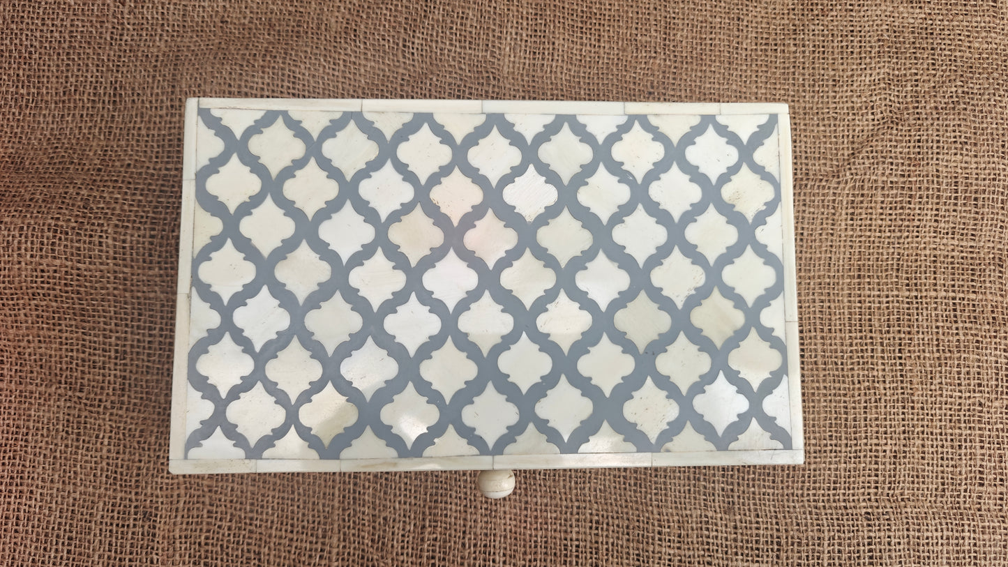 Bone Inlay Mughal Design Box | Grey Resin | Handcrafted Jewellery & Keepsake Box | 12x7 inch