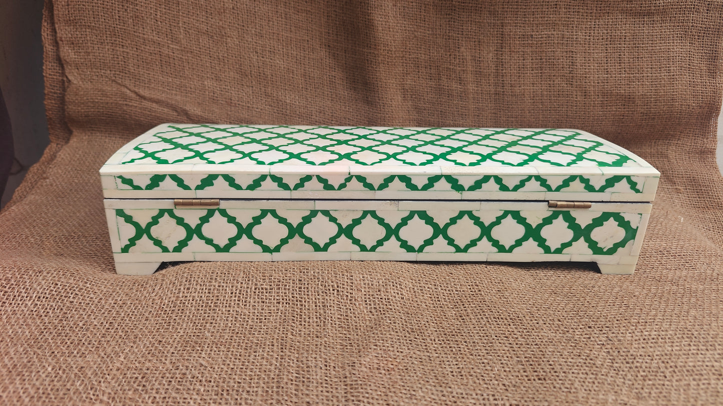 Bone Inlay Floral Box | Green Resin | Handcrafted Jewellery & Keepsake Box | 15x6 inch