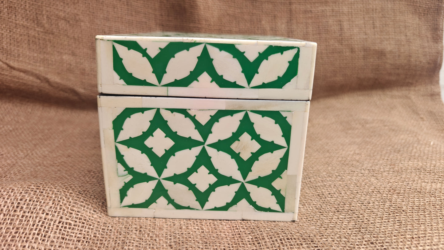 Bone Inlay Floral Box | Green Resin | Handcrafted Jewellery & Keepsake Box | 8x5.5 inch