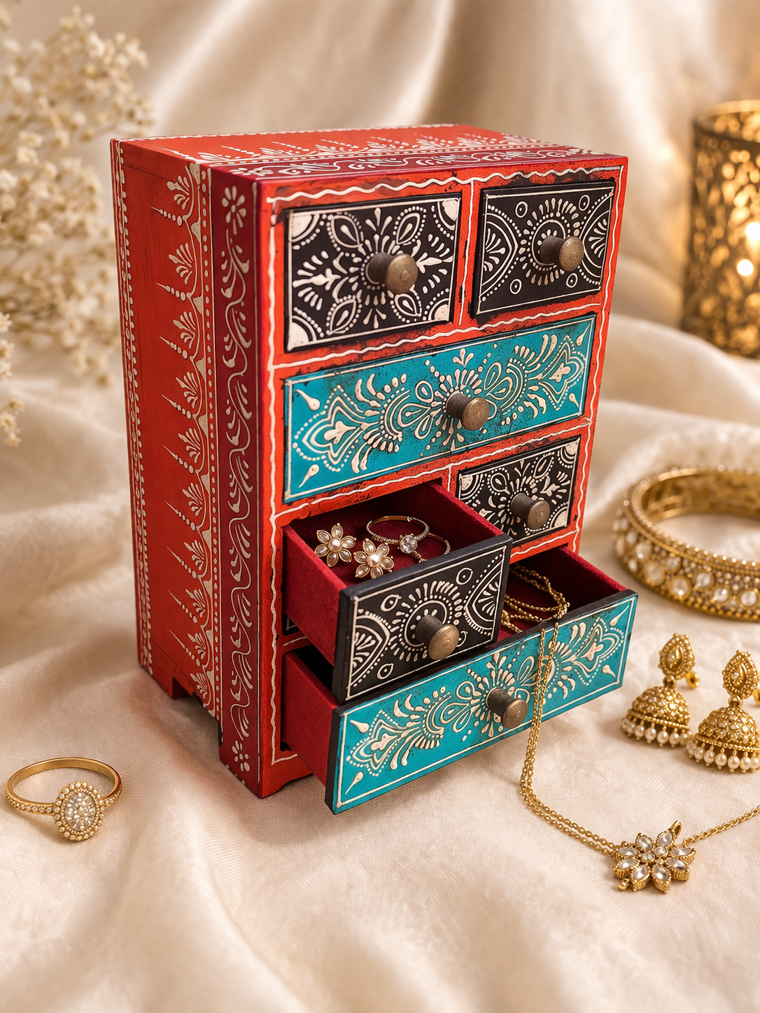 Handcrafted Wood Decorative Storage Box 6 drawers | Red Purple Multicolour Pattern | 6.25x4.25x8.5 inch