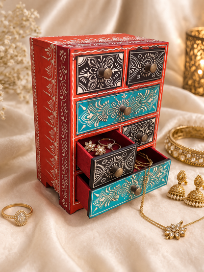 Handcrafted Wood Decorative Storage Box 6 drawers | Red Purple Multicolour Pattern | 6.25x4.25x8.5 inch