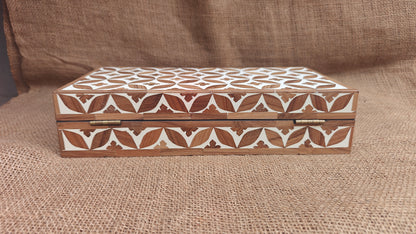 Teak Wood Inlay Geometric Box | White Resin | Handcrafted Decorative Box | 12x6 inch