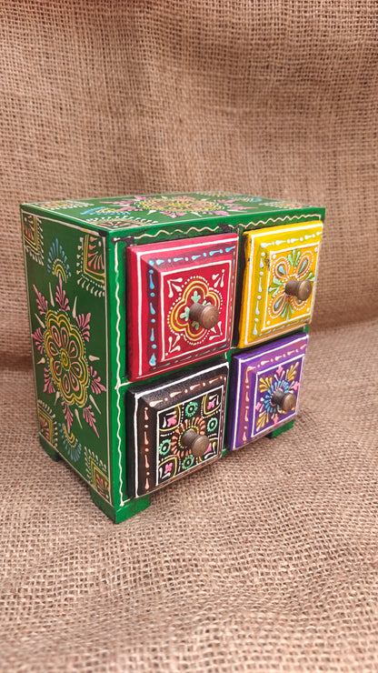 Handcrafted Painted Wood Chest with 4 Drawers | Red Yellow Green Purple | Decorative Storage