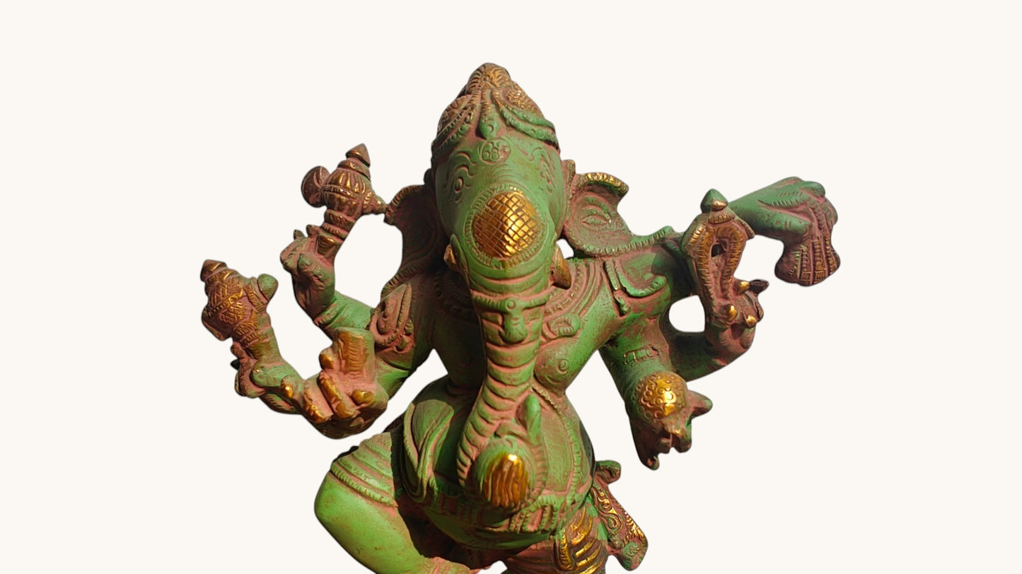 Handcrafted Brass Dancing Ganesha Statue | Chola Style Bronze Finish | 9 inch