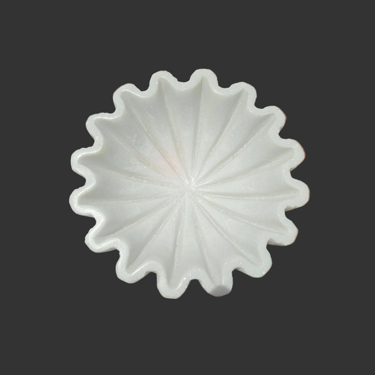 White marble shell bowl 6 inch close up hand-carved ridges Rajasthan