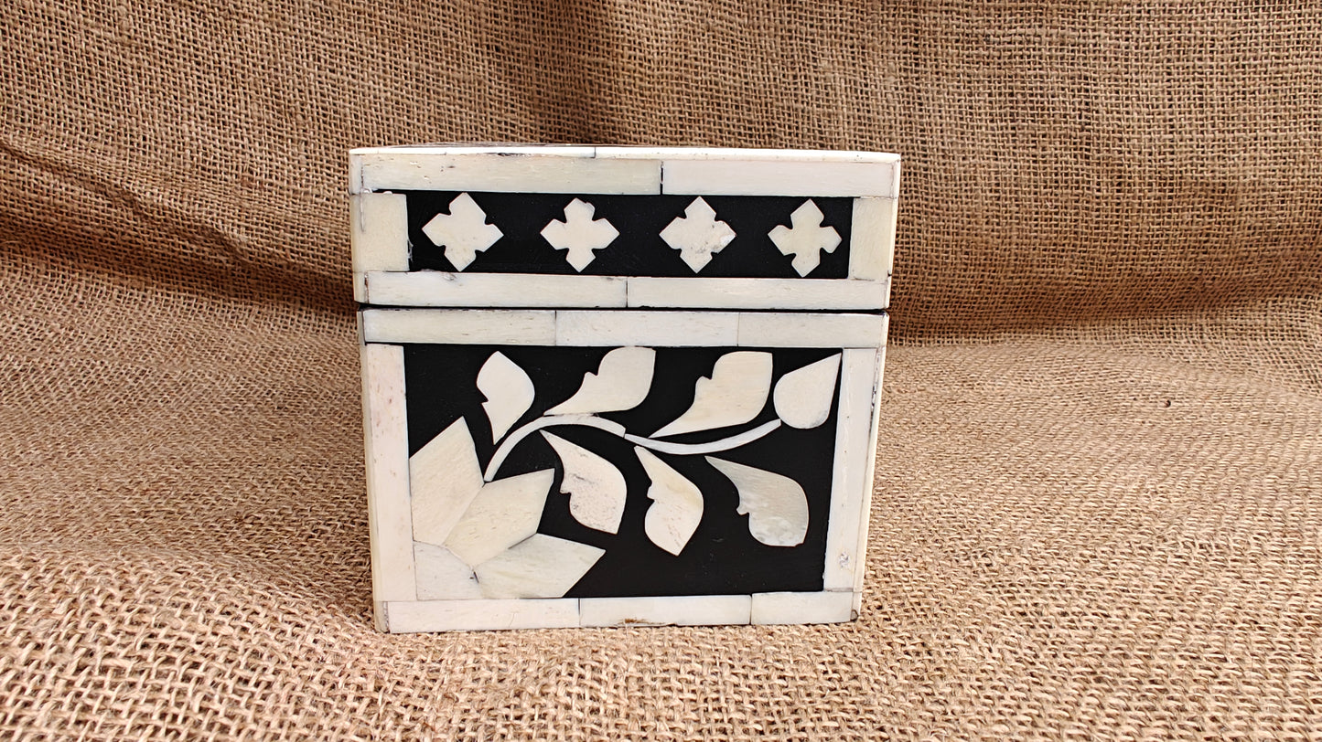 Bone Inlay Floral Box | Black Resin | Handcrafted Jewellery & Keepsake Box | 9x4.5 inch