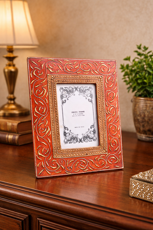 Handcrafted Indian Folk Art Photo Frame | Red Multicolour | 4x6 inch