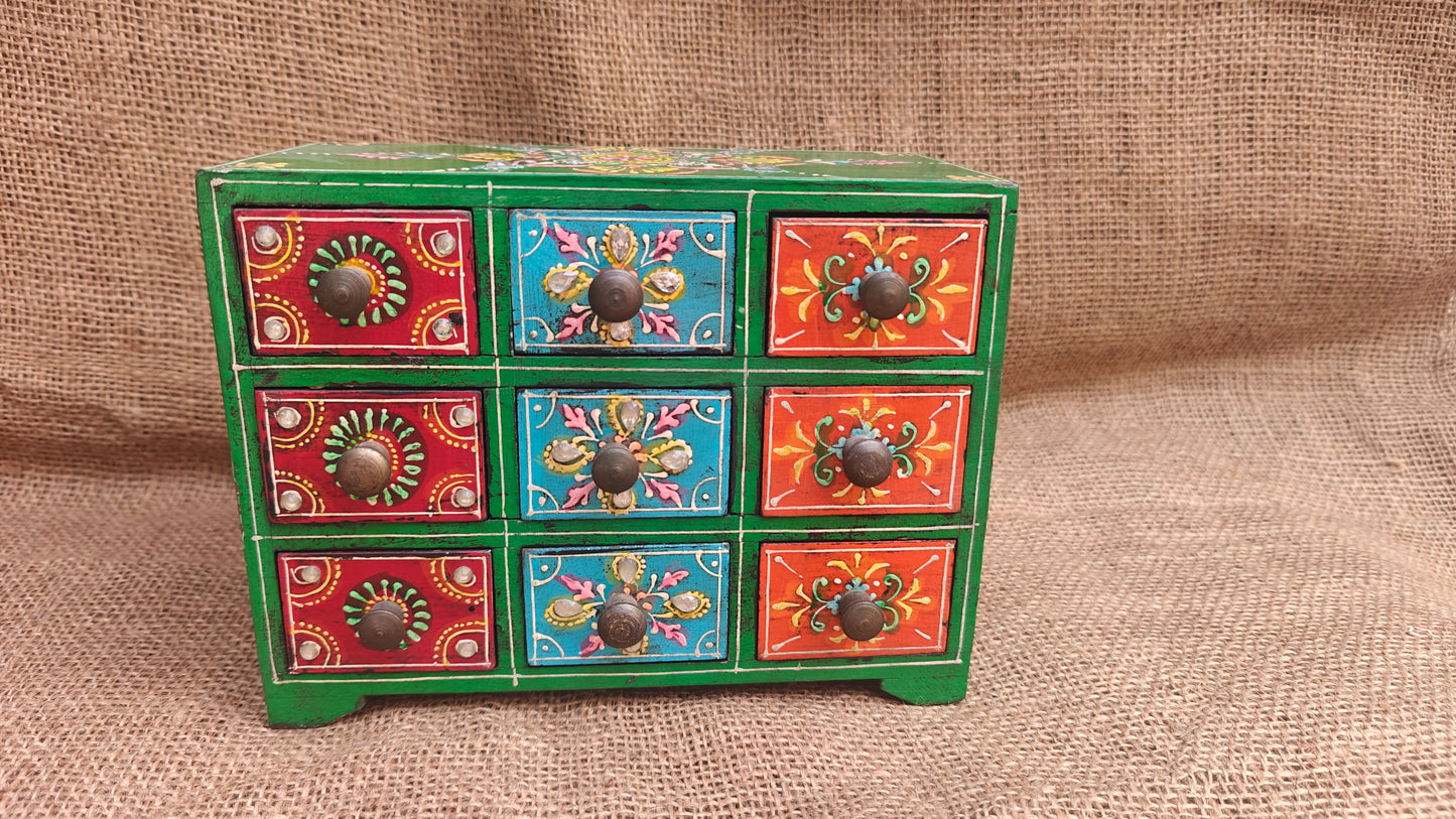 Handcrafted Painted Wood Chest with 9 Drawers | Multicolour | Large Decorative Storage