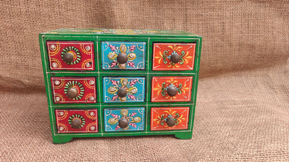 Handcrafted Painted Wood Chest with 9 Drawers | Multicolour | Large Decorative Storage