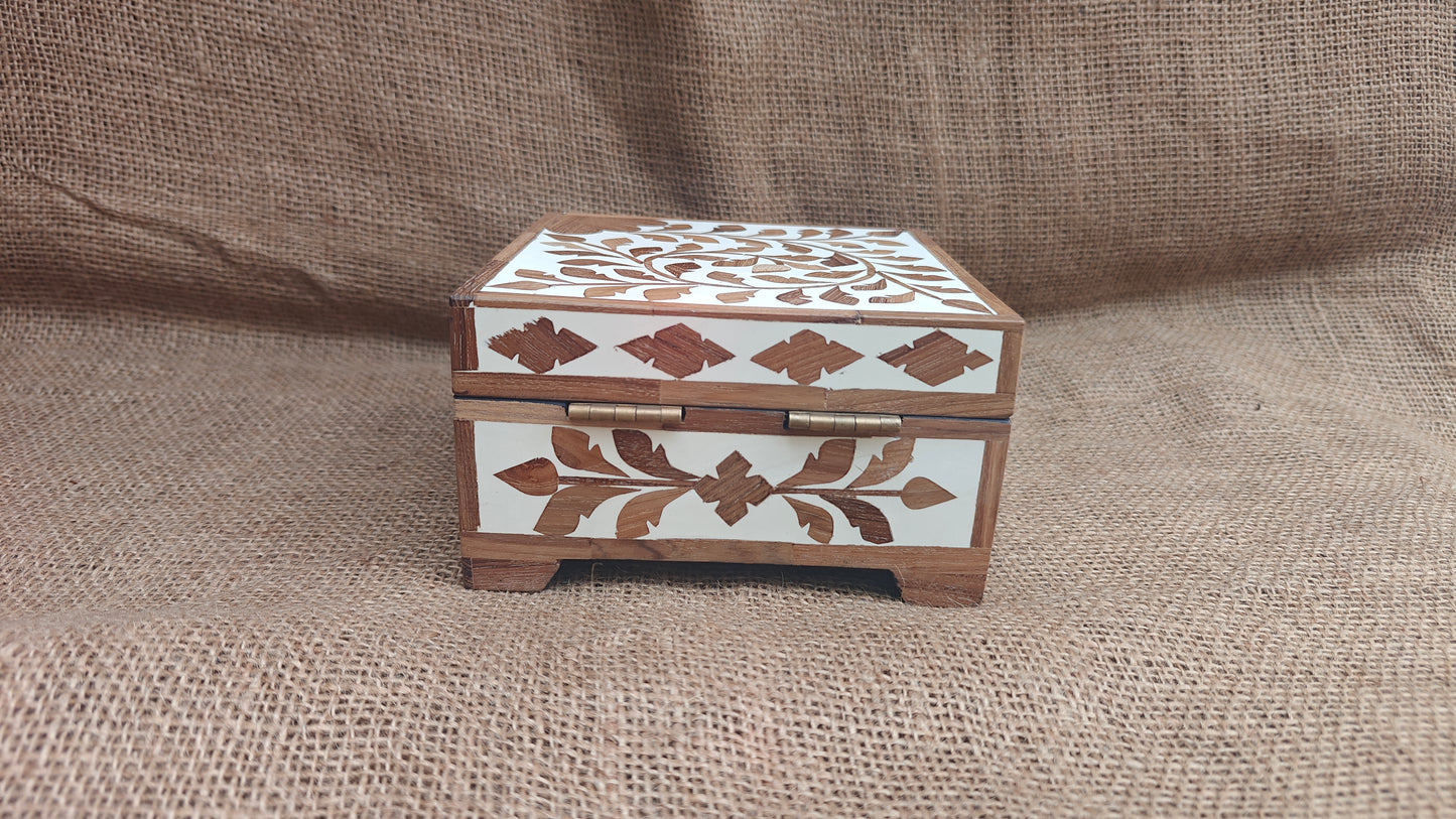Teak Wood Inlay Floral Box | White Resin | Handcrafted Decorative Box | 6x6 inch