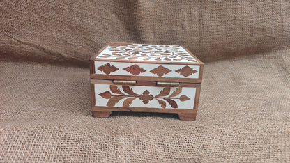 Teak Wood Inlay Floral Box | White Resin | Handcrafted Decorative Box | 6x6 inch
