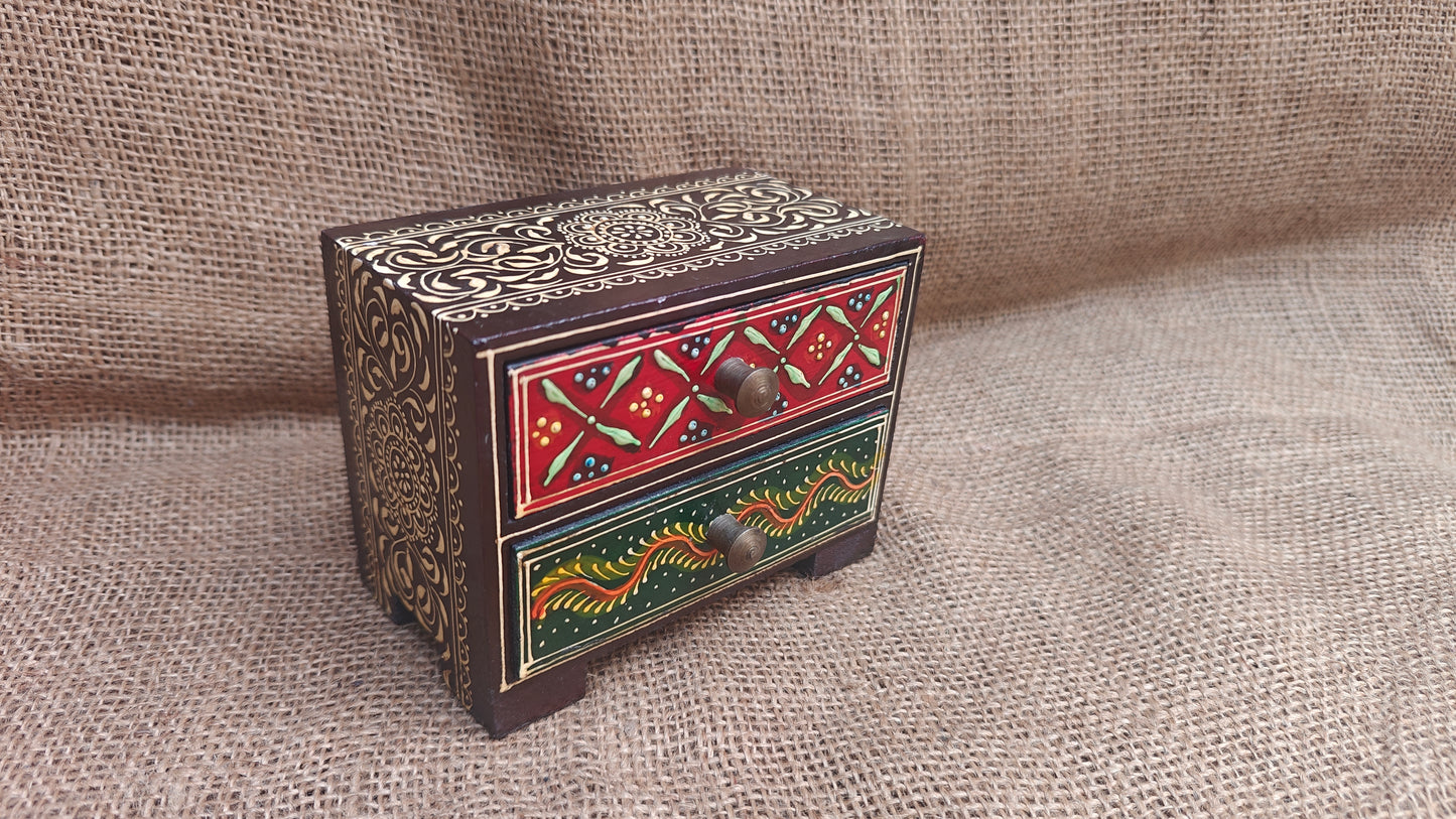 Handcrafted Painted Wood Chest with 2 Drawers | Brown Red Green | Decorative Storage | 5x3x4 inch