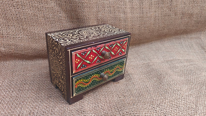 Handcrafted Painted Wood Chest with 2 Drawers | Brown Red Green | Decorative Storage | 5x3x4 inch