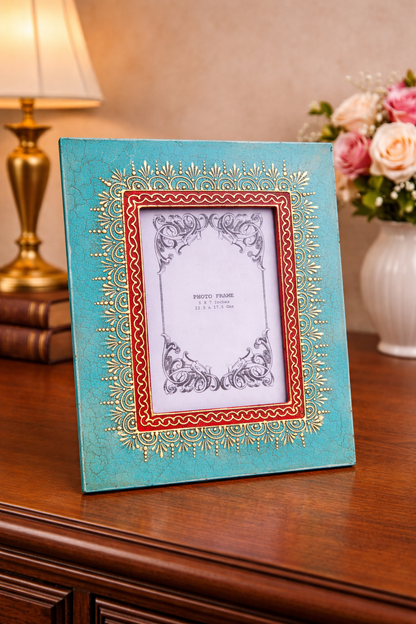 Handcrafted Indian Folk Art Photo Frame | Blue & Red Multicolour | 5x7 inch