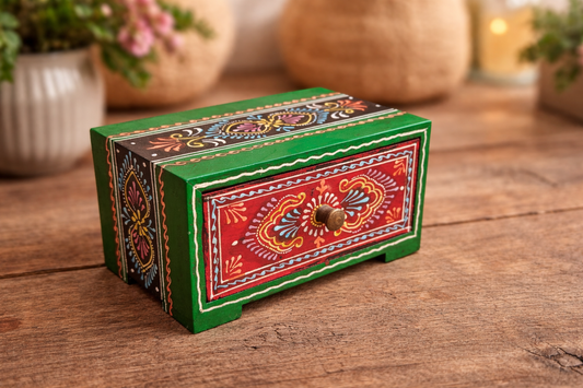 Handcrafted Painted Wood Chest with 1 Drawer | Red & Green | Decorative Storage
