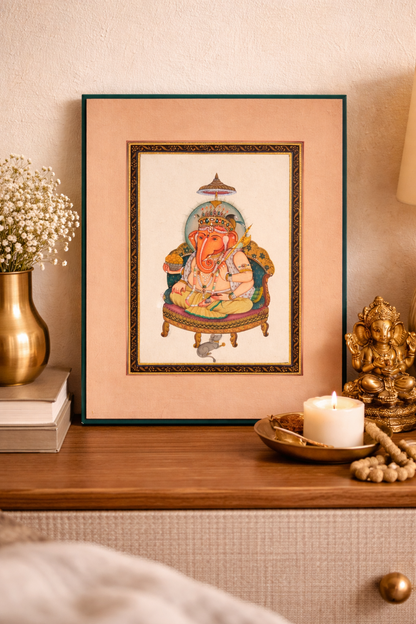 Hand-Painted Lord Ganesha Miniature Painting | Seated with Mouse & Ornaments | 8x10.5 inch