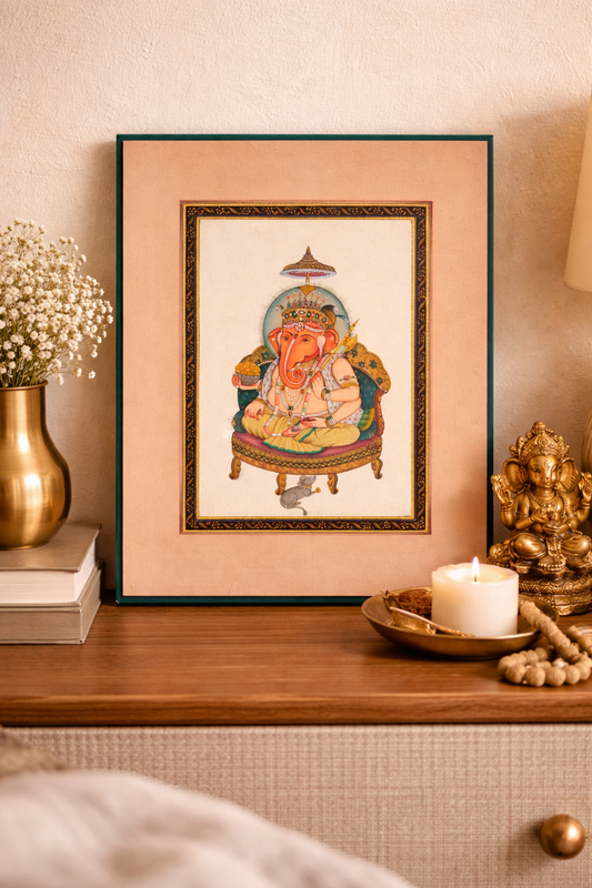 Hand-Painted Lord Ganesha Miniature Painting | Seated with Mouse & Ornaments | 8x10.5 inch