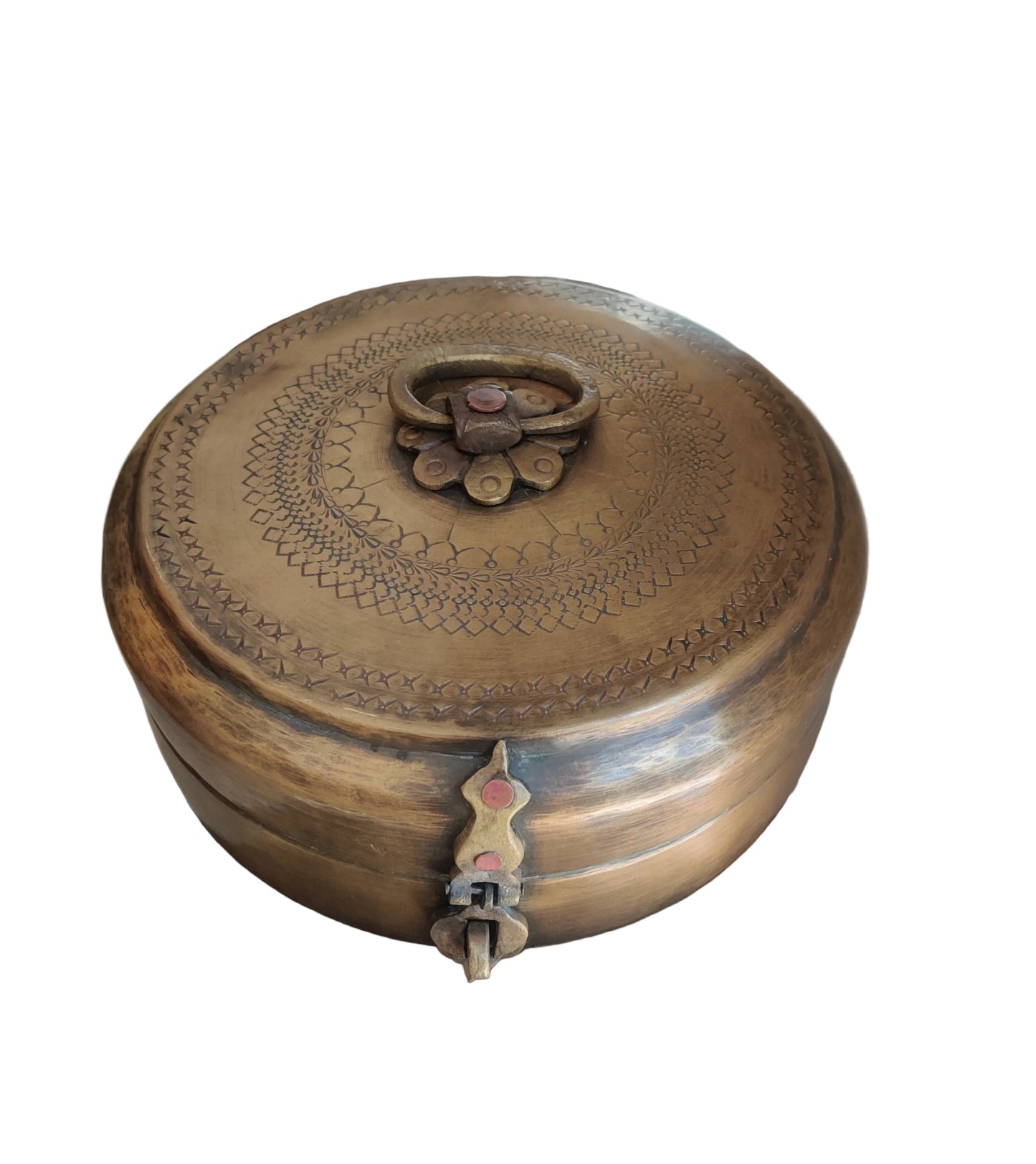 Hand-engraved mandala pattern on vintage brass chapati box lid