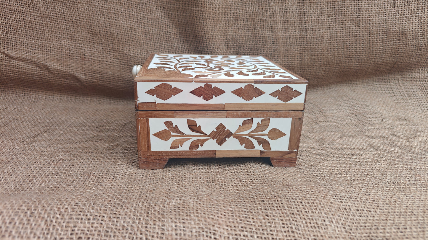 Teak Wood Inlay Floral Box | White Resin | Handcrafted Decorative Box | 6x6 inch