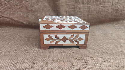 Teak Wood Inlay Floral Box | White Resin | Handcrafted Decorative Box | 6x6 inch