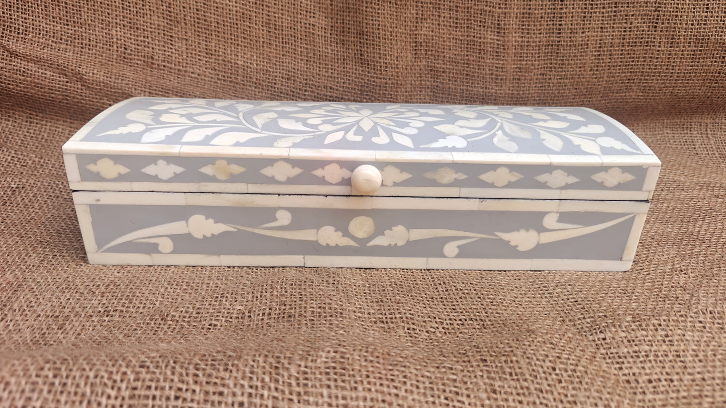 Bone Inlay Floral Box | Grey Resin | Handcrafted Jewellery & Keepsake Box | 12x4 inch