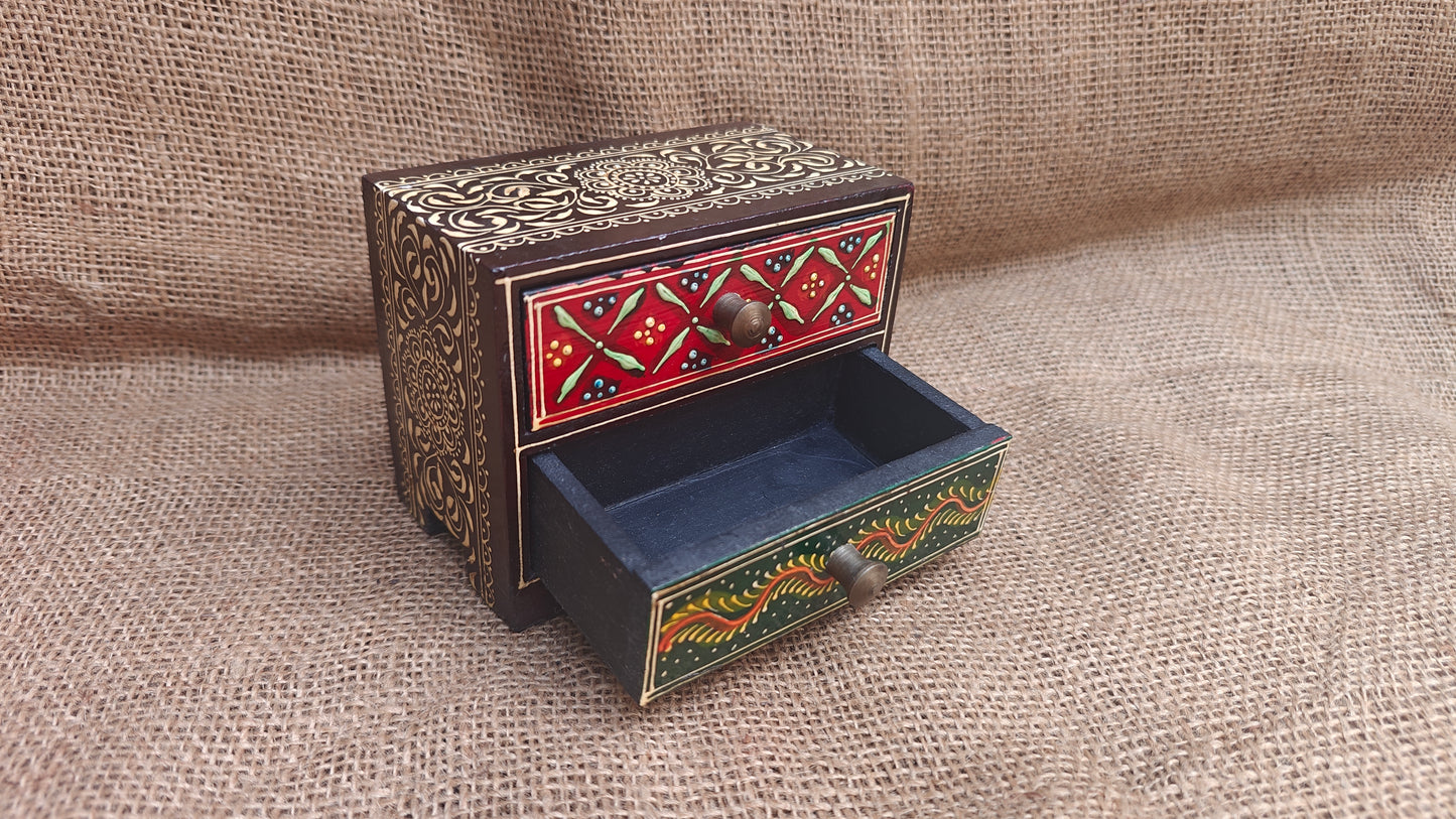 Handcrafted Painted Wood Chest with 2 Drawers | Brown Red Green | Decorative Storage | 5x3x4 inch