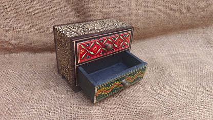 Handcrafted Painted Wood Chest with 2 Drawers | Brown Red Green | Decorative Storage | 5x3x4 inch