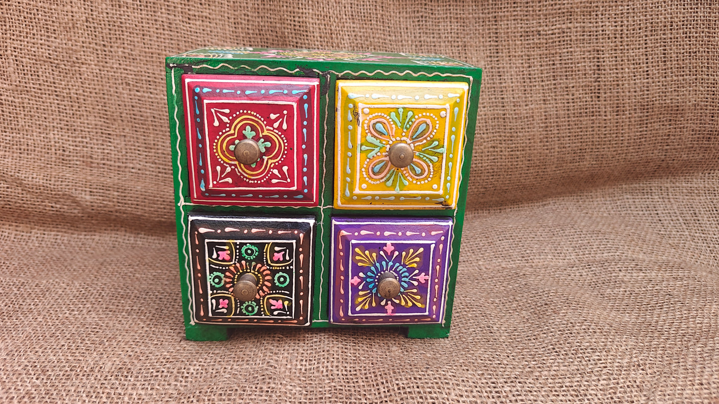 Handcrafted Painted Wood Chest with 4 Drawers | Red Yellow Green Purple | Decorative Storage