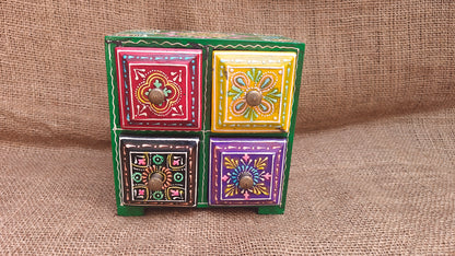 Handcrafted Painted Wood Chest with 4 Drawers | Red Yellow Green Purple | Decorative Storage