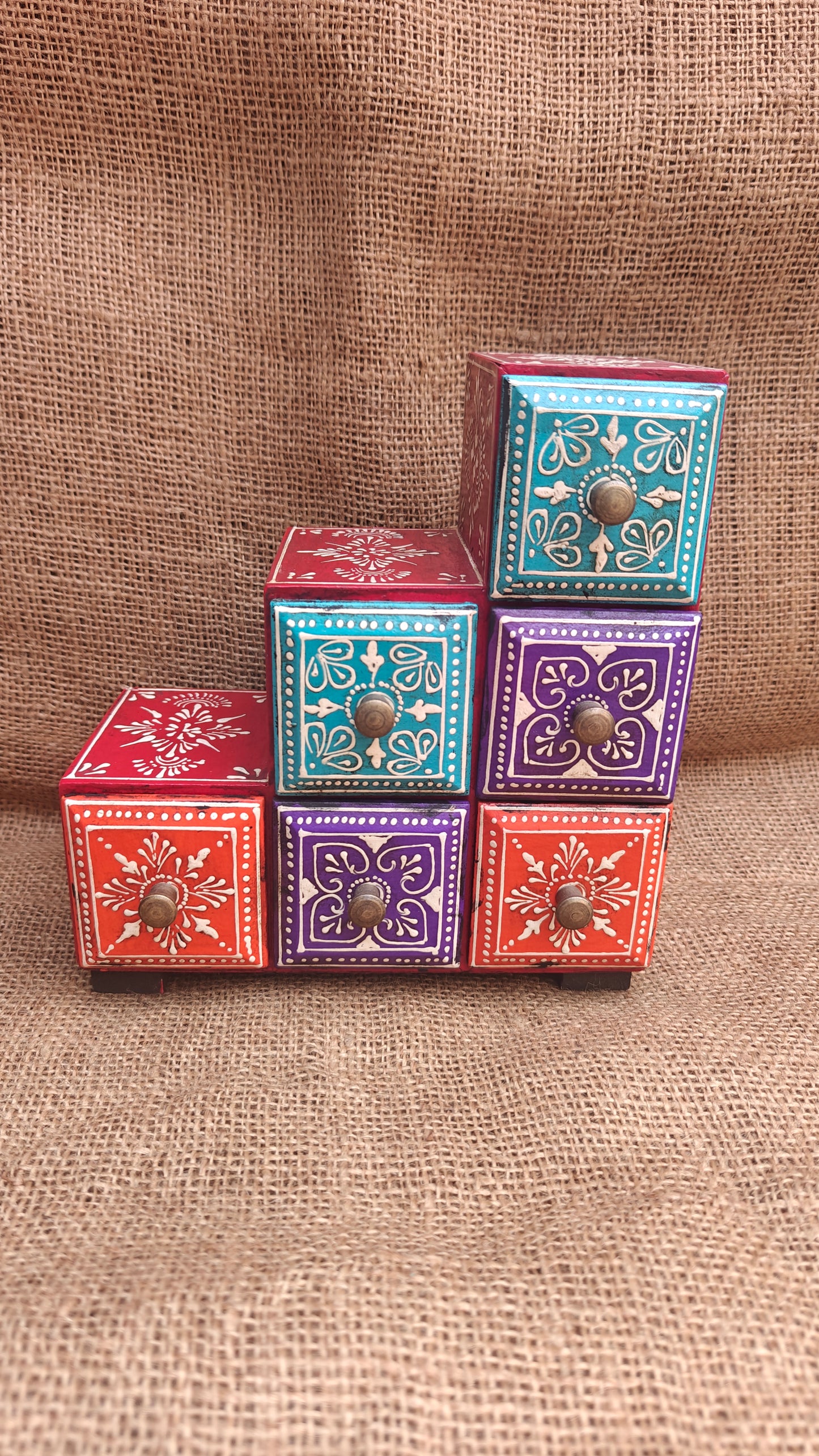 Handcrafted Painted Wood Step Ladder Chest | 6 Drawers | Multicolour Indian Folk Art