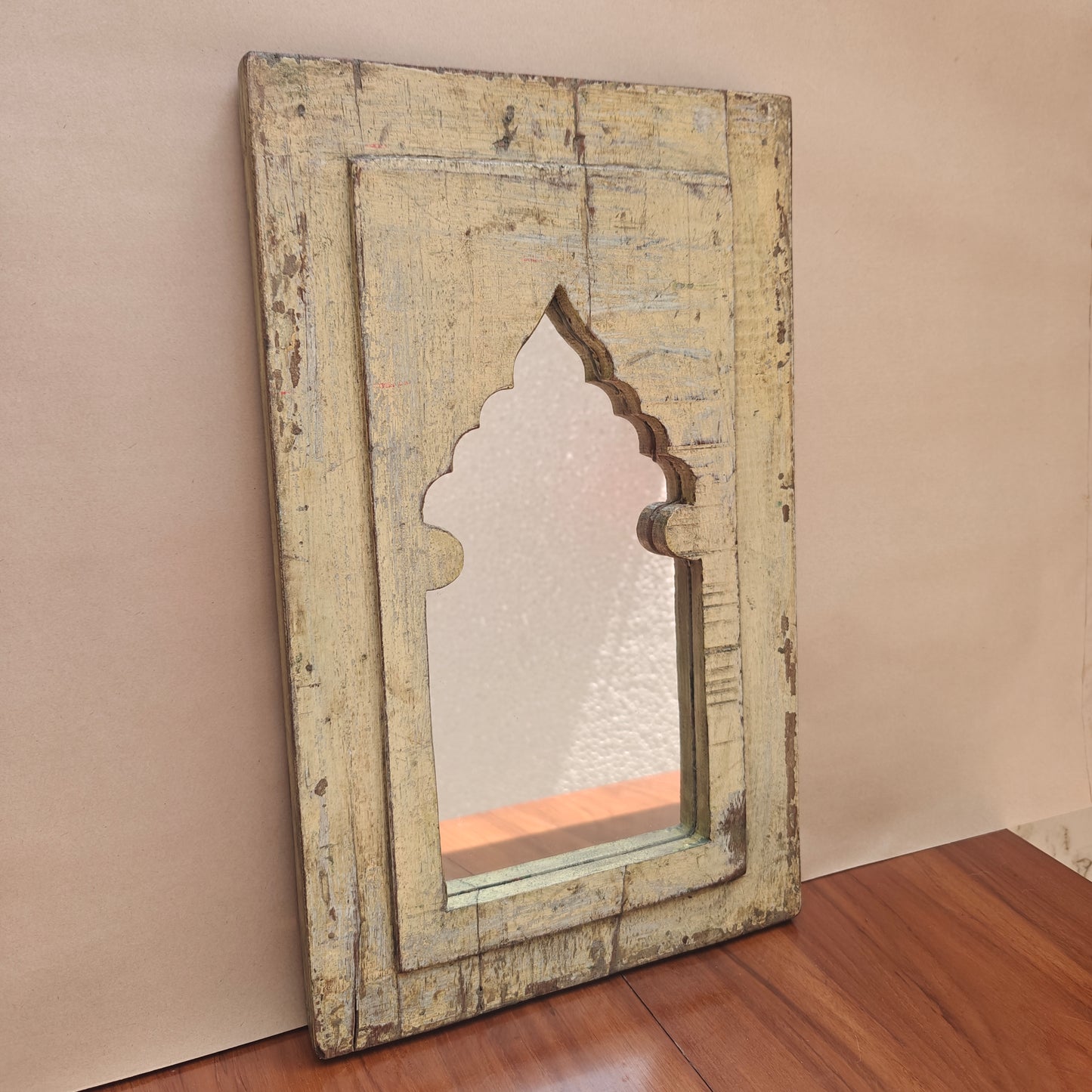 Distressed cream wood Jharokha mirror frame with arched mihrab design front angle